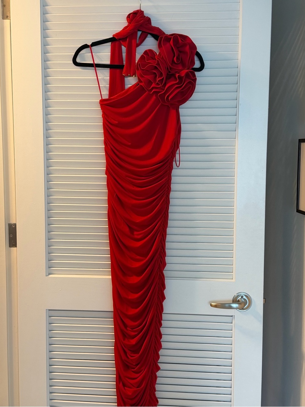 Karen Millen Red One-Shoulder Ruched Gown with Floral Accent